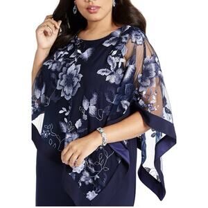 R & M Richards Plus Embroidered Cape Dress Size 20 Blue USA Made Floral NWT